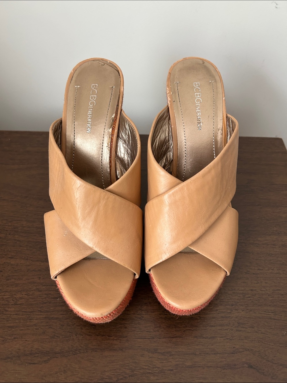 BCBGeneration Tan Crossover Platform Mules